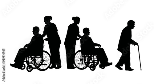 Elderly people with mobility aids depicted in a dark silhouette