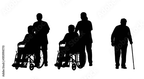 Group of people including those with mobility aids in black silhouette