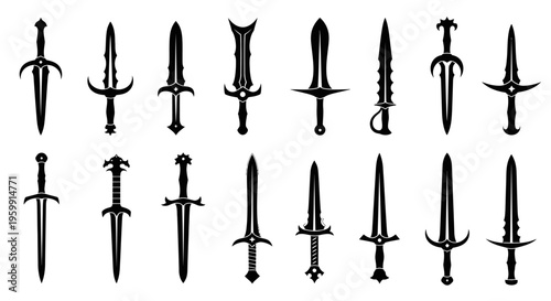 A collection of various medieval swords depicted in black silhouette