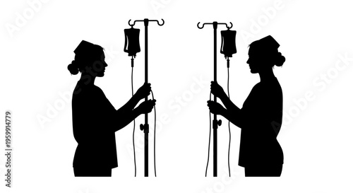 Two nurses attending iv drips mirrored image in striking silhouette
