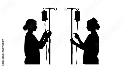 Two nurses tending to iv drips in a stark black silhouette