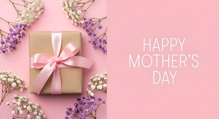 Mother's day card, pink background with white flowers and a present
