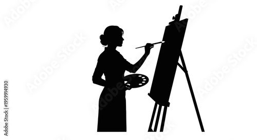 Artist painting at an easel a striking black silhouette