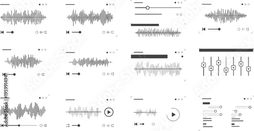 Audio player interface elements set waveform equalizer sliders playback controls music UI line vector illustration collection