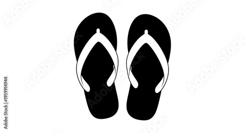 Black and white flip flops displayed against a stark white background silhouette