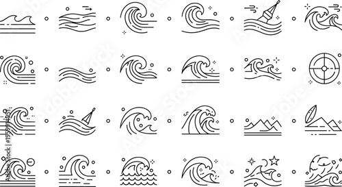 Ocean wave line icons set sea water surf nautical elements minimal outline vector illustration collection design