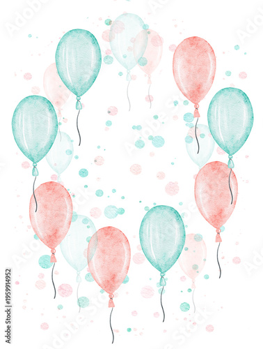 Watercolor balloons circle frame for celebration birthday isolated on white
