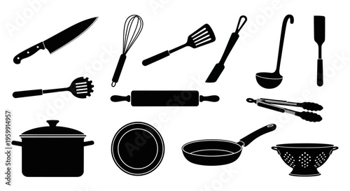 Black kitchen utensils and cookware arranged on a white background silhouette