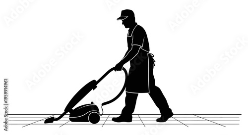 A janitor pushing a vacuum cleaner across a tiled floor silhouette
