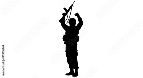 Soldier celebrating victory with a rifle a powerful visual silhouette