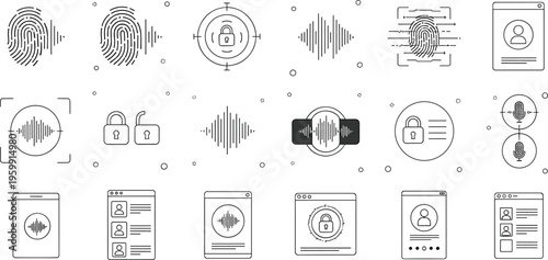 Biometric security icons set fingerprint voice recognition authentication digital identity protection line vector illustration collection minimal design