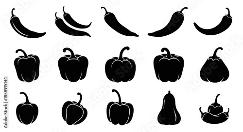 Variety of pepper shapes displayed in a striking black silhouette
