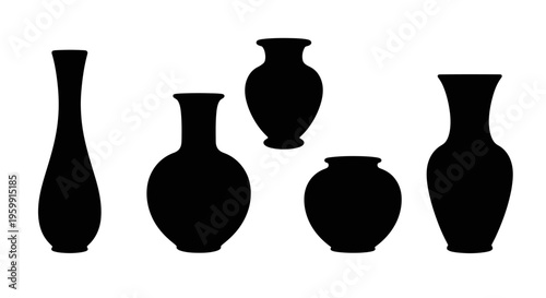 A collection of various shaped vases presented as a black silhouette