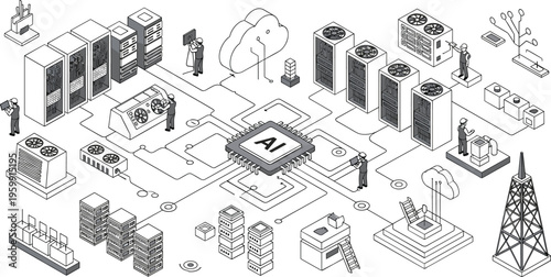 Artificial intelligence data center isometric vector illustration with servers network engineers infrastructure cloud computing technology system