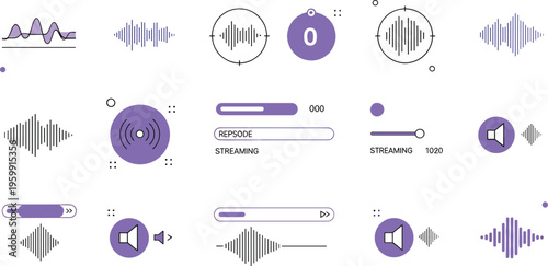 Podcast streaming audio UI vector set with waveform player controls sound interface elements illustration