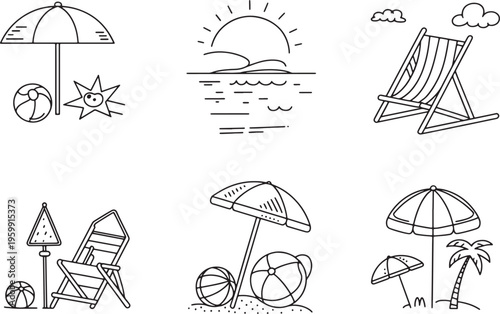 Set of beach vacation elements, umbrellas, chairs, sun, and ocean waves outline icons. Vector illustration