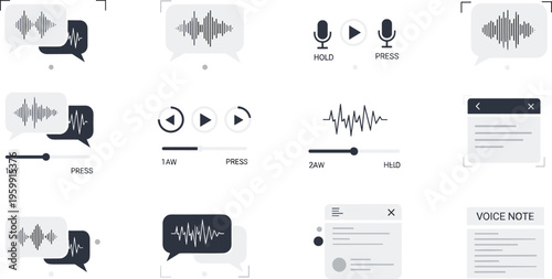 Voice message and audio chat UI vector set with waveform recording controls speech bubble interface illustration