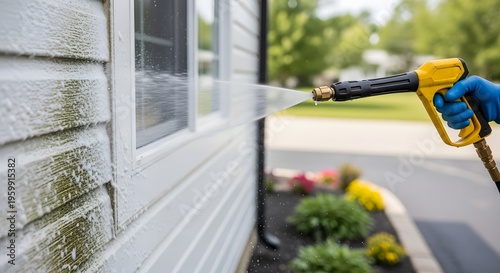 Foam pressure washing dirty house siding near residential window