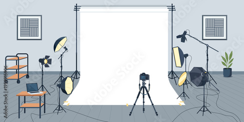 Modern Professional Photo Studio Interior with Complete Equipment Setup.