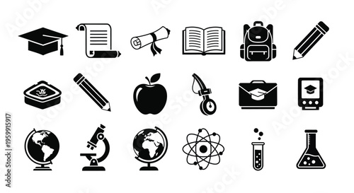 Black icons representing education learning and academic tools silhouette