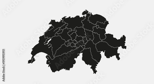 Switzerland Map Silhouette with Cantons - Black and White Vector Graphic
