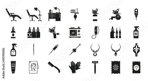 Black and white icons depicting various tattoo equipment and artistry silhouette