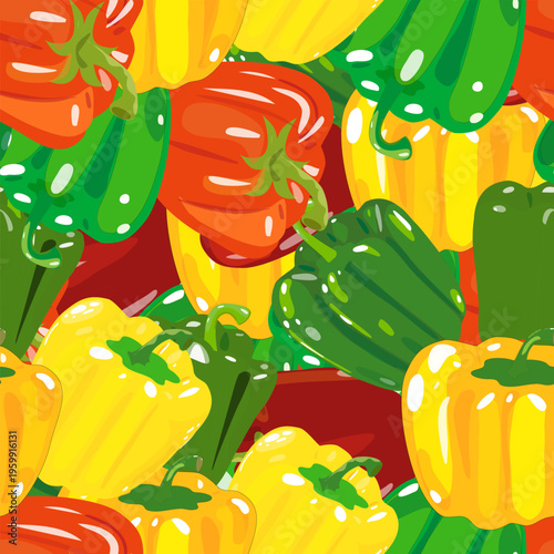 Seamless Vector Pattern with Vibrant Bell Peppers. Dense Vegetable Food Background Isolated on Transparent