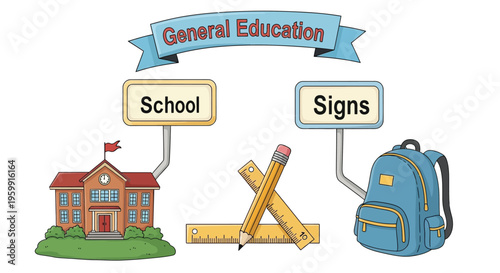 Educational symbols featuring a school building tools and backpack silhouette