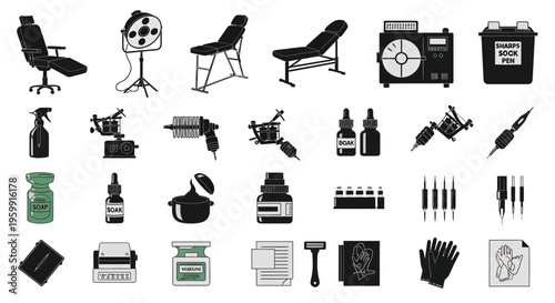 Black silhouettes of tattoo equipment chairs and medical tools silhouette