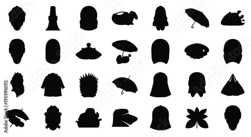 Collection of various headwear and objects depicted in black silhouette