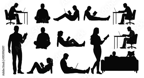 Diverse people reading and using laptops in various relaxed poses silhouette
