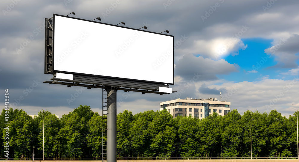 Fototapeta premium Large blank billboard on a pole in front of trees and a building under a cloudy sky with blue