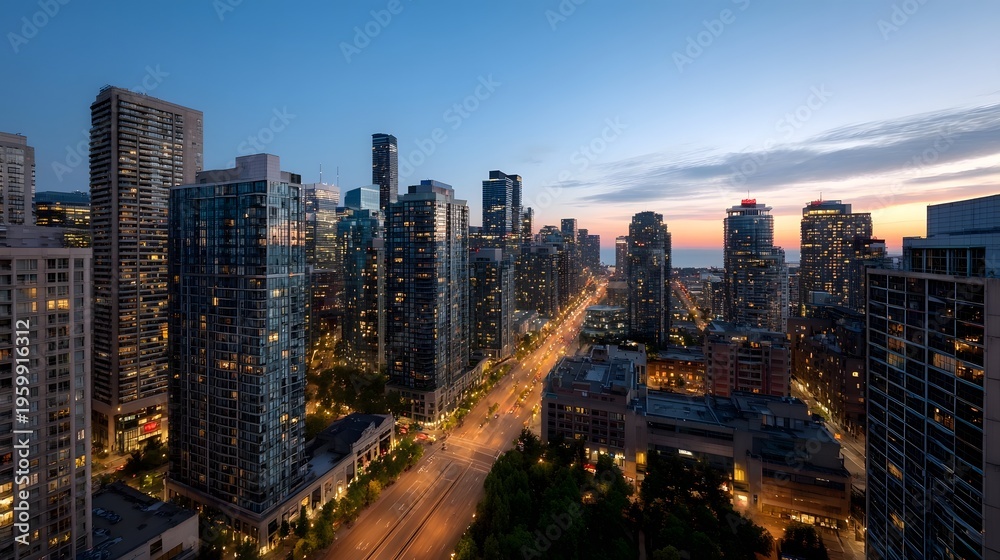 Fototapeta premium A modern city skyline at dusk with illuminated skyscrapers and bustling streets set against a vibrant twilight sky