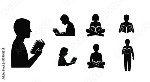 Children reading books in various poses a striking black silhouette