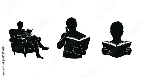 Three people reading books in black depicted as a striking silhouette