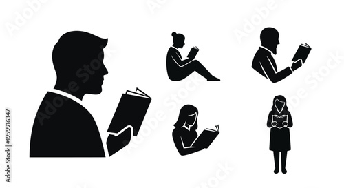 People reading books in various poses depicted as a striking silhouette