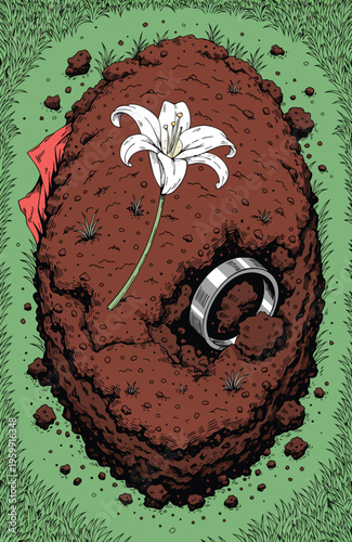 A mound of dirt with a white flower and a ring on top book cover