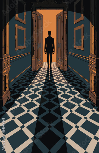 A man standing in a hallway with open doors book cover