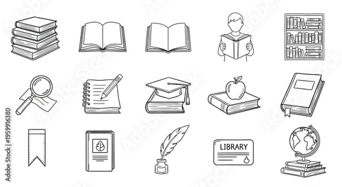 Educational icons depicting books learning tools and a student silhouette