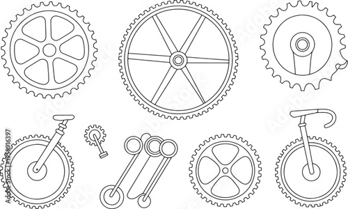 Set of various gear wheel mechanisms bicycle parts outline icons, steampunk elements isolated on transparent background. Vector illustration