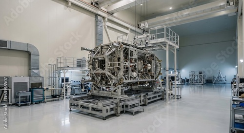 Fotografía Satellite manufacturing concept in modern industrial facility with large metal s