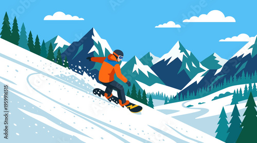 Snowboarder Carving Down a Snowy Slope with Mountain Backdrop