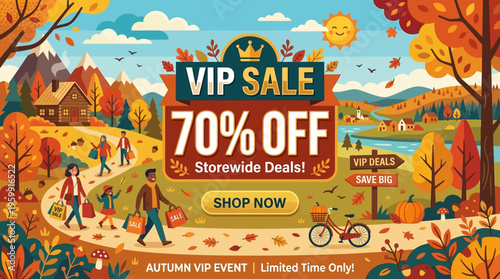 Autumn VIP Sale Banner with 70% Off and Fall Landscape