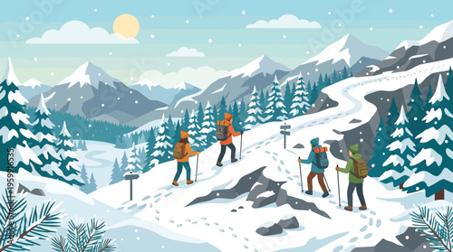 Hikers Trekking Through Snowy Mountain Landscape