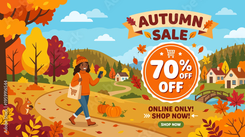 Autumn Sale Banner with Woman Walking in Scenic Landscape
