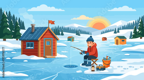 Winter Ice Fishing Scene with Happy Angler and Cozy Shacks