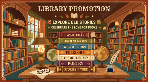 Vintage Library Promotion with Stacked Books and Globes