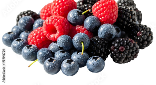 Blueberries raspberries and blackberries on black background