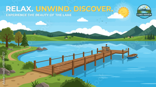 Scenic Lake View with Wooden Pier Under a Sunny Sky