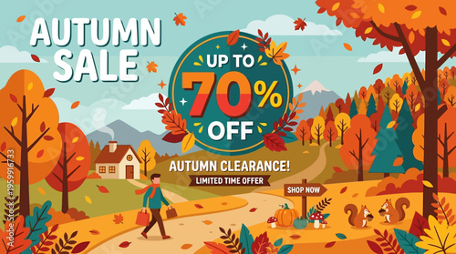Autumn Sale Banner with Landscape and Discount Text